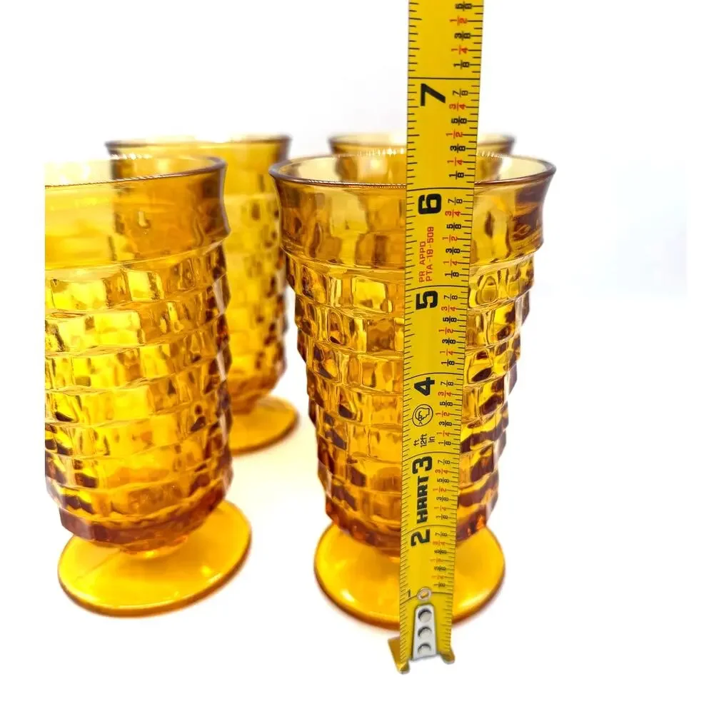 Vtg Indiana Glass Colony Whitehall Cubist Set of 4 Amber Footed Iced Tea Glasses